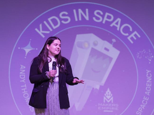 Andy Thomas Space Foundation executive officer Darcey Watson speaking at Kids in Space Queensland finals and showcase at Edmund Rice Cultural Centre St Mary's College, Friday, June 7, 2024. Picture: Kevin Farmer