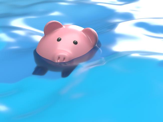 Global recession or bankruptcy 3D concept: Financial and economy crises. Rising inflation.  Piggy bank drowning in debt - savings to risk background with large copy space. Money losing value and investments failed; savings generic