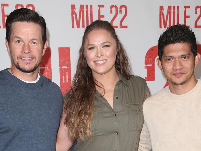 Rousey with Mile 22 castmates Mark Wahlberg and Iko Uwais. Picture: FS/MPI/Capital Pictures/MEGA