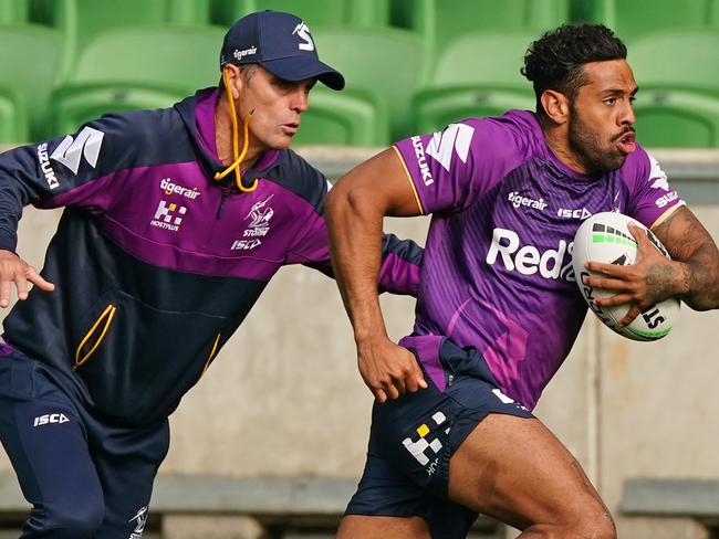 Josh Addo-Carr turns on the afterburners at a Storm training session.