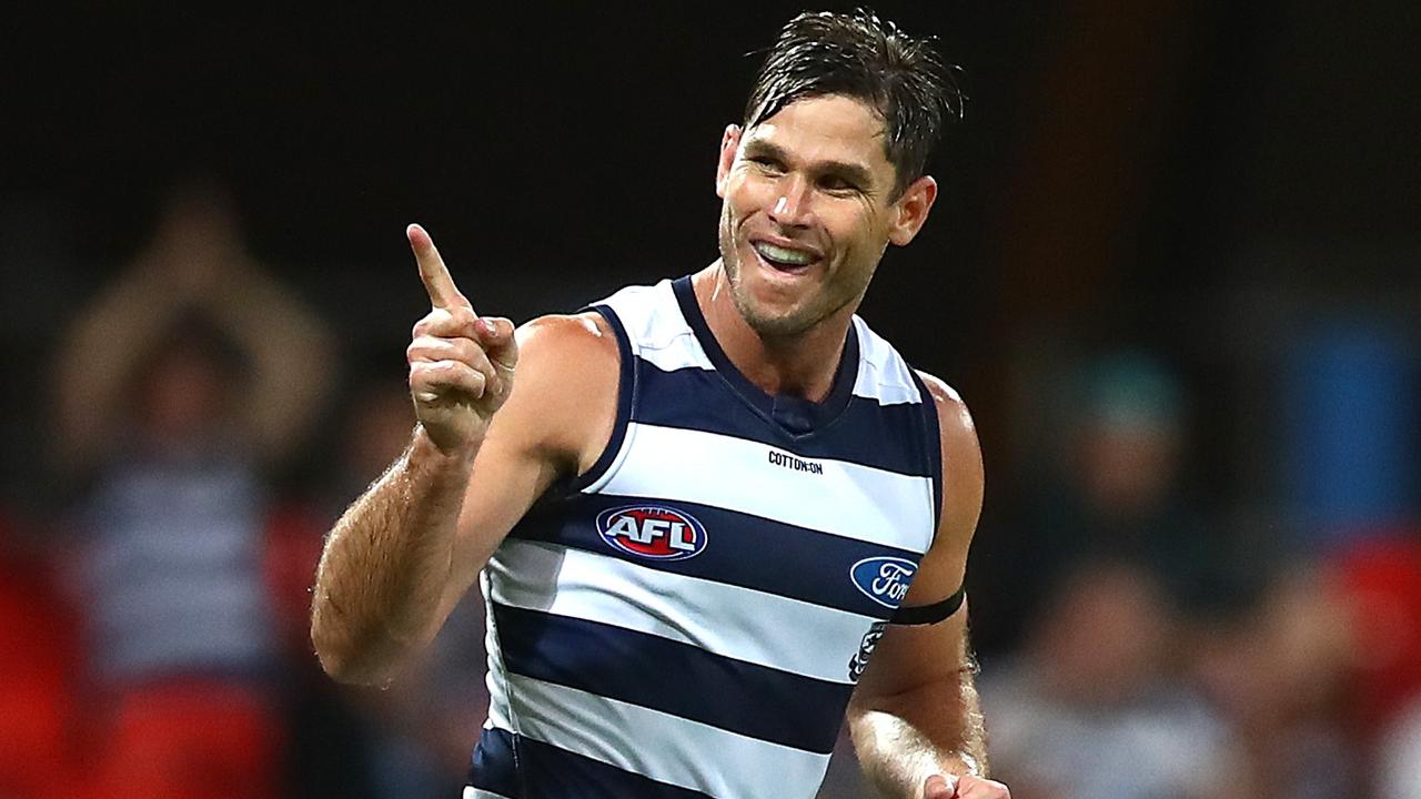 Geelong’s Tom Hawkins dominated against Port Adelaide. (Photo by Jono Searle/AFL Photos)