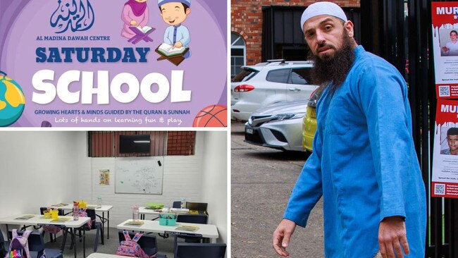 Sydney cleric Abu Ousayd outside the Al Madina Dawah Centre; top left, a flyer for the classes; bottom left, one of the classrooms.