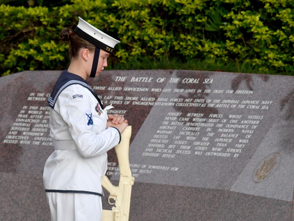 Dawn Service at Anzac Park for 83rd commemoration of Battle of Coral Sea. Part of the catafalque party from TS Coral Sea. Picture: Evan Morgan