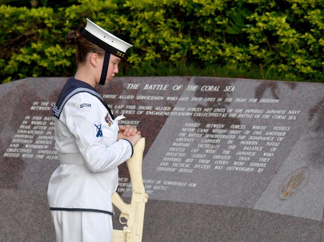 Dawn Service at Anzac Park for 83rd commemoration of Battle of Coral Sea. Part of the catafalque party from TS Coral Sea. Picture: Evan Morgan