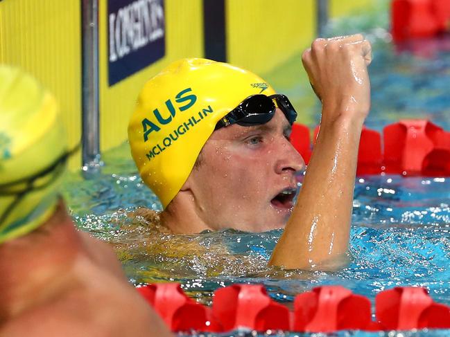 GOLD COAST, AUSTRALIA - APRIL 10:  Jack McLoughlin of Australia celebrates victory in the Men's 1500m Freestyle Final on day six of the Gold Coast 2018 Commonwealth Games at Optus Aquatic Centre on April 10, 2018 on the Gold Coast, Australia.  (Photo by Clive Rose/Getty Images)