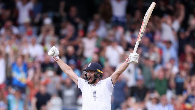 Chris Woakes celebrates hitting the winning runs in Leeds.