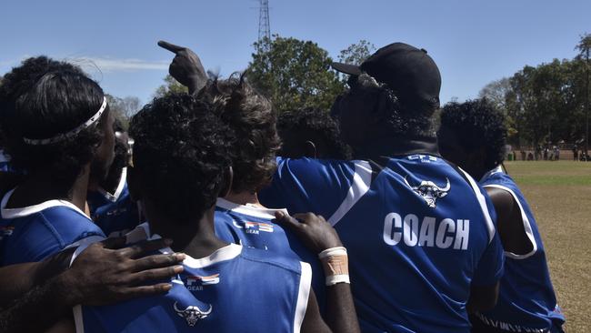 Players in action during the Tiwi Island Football League grand final between Tuyu Buffaloes and Pumarali Thunder. Picture: Max Hatzoglou