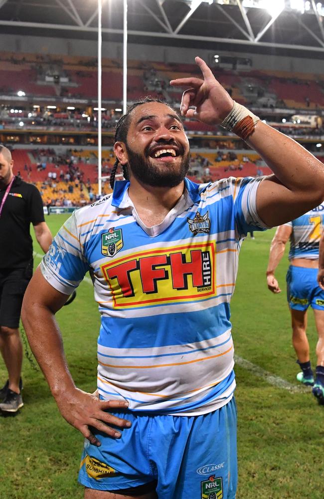 Konrad Hurrell celebrates the win over the Broncos. (AAP Image/Darren England)