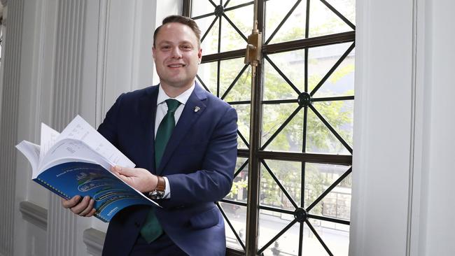 Lord Mayor Adrian Schrinner handing down the 2019-20 Brisbane City Council Budget. Picture: AAP/Claudia Baxter