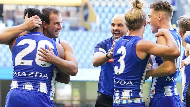 Rhyce Shaw celebrates with his players after the Round 1 win.