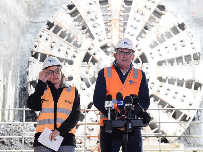 Premier Jacinta Allan and former Premier Dan Andrews at the Westgate Tunnel construction site. Picture: Josie Hayden