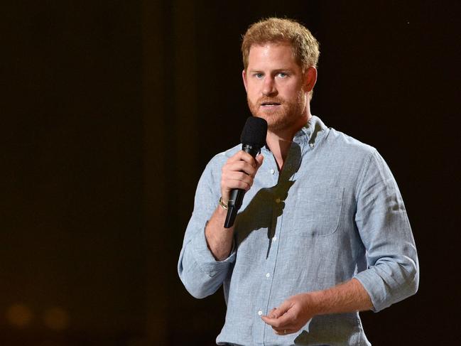 Co-Chair Britain's Prince Harry, Duke of Sussex onstage during the taping of the "Vax Live" fundraising concert. On a podcast, Harry has spoken out against his upbringing. Picture: AFP