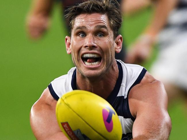 For the second time in his career, Tom Hawkins kicked five goals in a final. (Photo by Daniel Carson/AFL Photos via Getty Images)