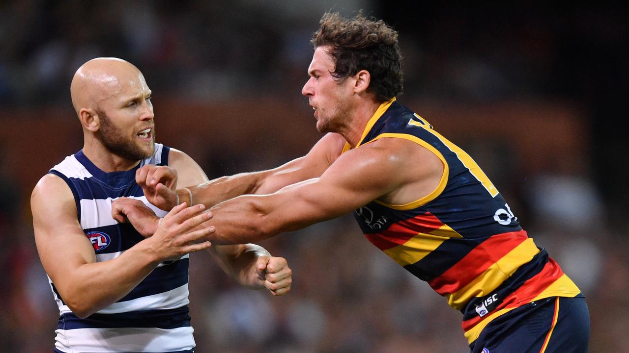 Gary Ablett of the Cats and Kyle Hartigan of the Crows battle during the Round 3 clash at Adelaide Oval. Picture: Image/David Mariuz