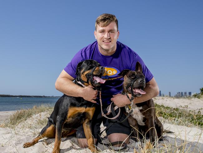 Jai Arrow pictured with his dogs Koda (L) and Thor (R). Picture: Jerad Williams