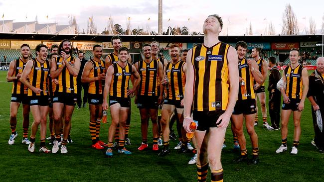 Luke Lowden walking off Launceston’s York Park after kicking three goals in his first and only AFL game – against West Coast in 2014. Picture: Wayne Ludbey