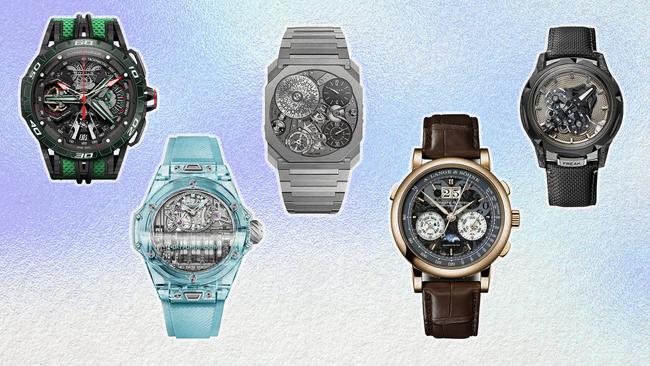 Left to right: Roger Dubois Excalibur Spider Flyback Chronograph x Lamborghini; Hublot Big Bang MP-11 Water Blue Sapphire; Bvlgari Octo Finissimo Ultra; A. Lange &amp; Söhne Datograph Perpetual Tourbillon Honeygold Lumen; Ulysse NArdin Freak S Nomad