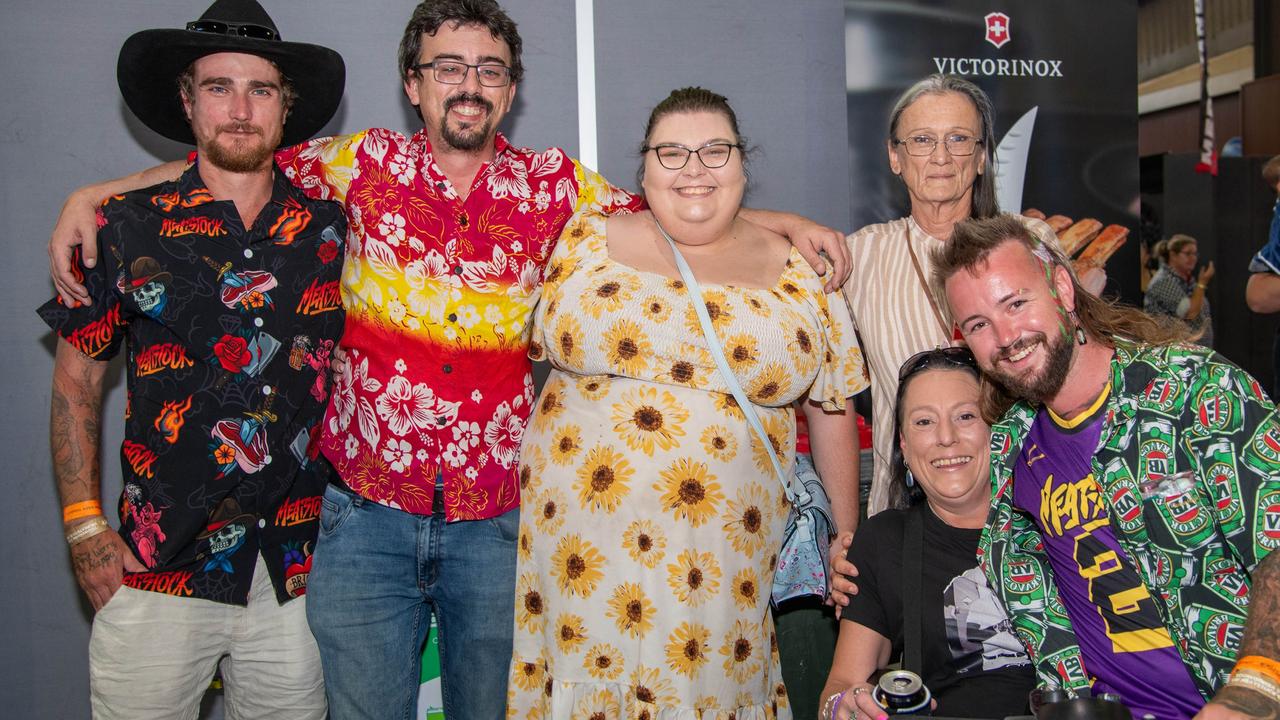 Brandon Taylor (left) with Daniel Wilson, Jess Marx, Belinda Jones, Marsha Nielsen and Ash Tognolini.Meatstock - Music, Barbecue and Camping Festival at Toowoomba Showgrounds.Saturday March 9th, 2024 Picture: Bev Lacey