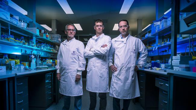 Inventors of molecular clamp vaccine for coronavirus: Professor Paul Young, Dr Keith Chappell and Professor Trent Munro in a lab at The University of Queensland. Picture: Glenn Hunt / The Australian