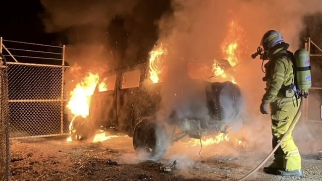 Fire crews extinguish a vehicle fire at Mardi on March 7, 2025. Detectives are investigating links between the burnt out car and an alleged arson attack on an Erina pilates studio. Picture: 7 News.