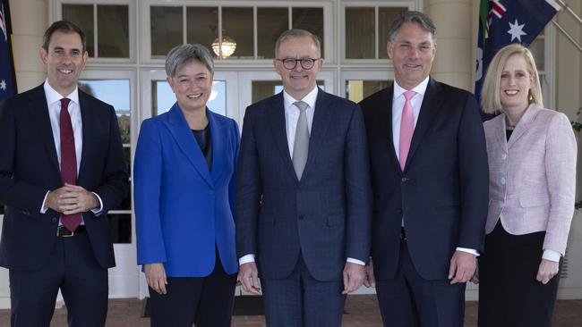 The new government‘s swearing in of key ministers at Government House, Canberra. The Prime Minister Anthony Albanese is sworn in with new ministers Richard Marles, Penny Wong, Katy Gallagher and Jim Chalmers. Picture: Andrew Taylor