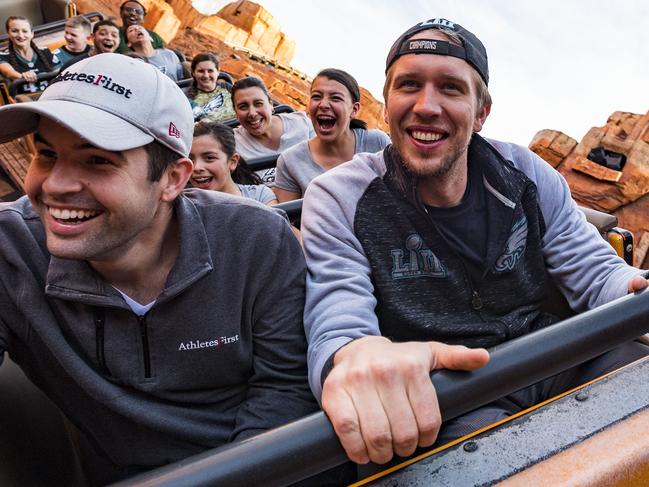 LAKE BUENA VISTA, FL - FEBRUARY 05: In this handout photo provided by Disney Resorts, Nick Foles of the Super Bowl LII winning team, the Philadelphia Eagles, celebrates by riding on Big Thunder Mountain at Walt Disney World on February 5, 2018 in Lake Buena Vista, Florida. This was the first Super Bowl win for the Philadelphia Eagles. (Photo by Matt Stroshane/Disney Resorts via Getty Images)