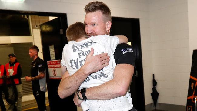 Nathan Buckley with his son Jett after the match. Picture: AFL Media Michael Wilson