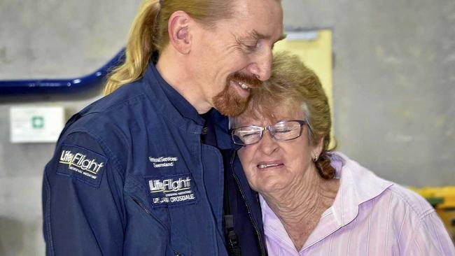 Margaret Woolley was impaled by steel rods that fell off a truck on the highway. Margaret with Dr Jacob Crosdale when returned to Lifeflight to meet the team who saved her life  July 2019