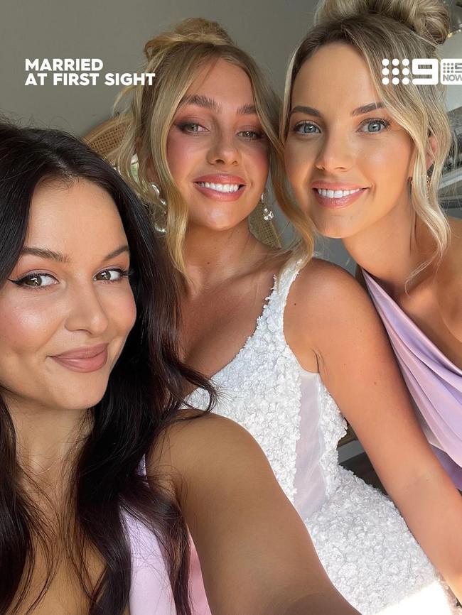 Ms Harper on her MAFS wedding day with fellow Adelaideans Lili Karamalikis and Britney Newman. Picture: Instagram