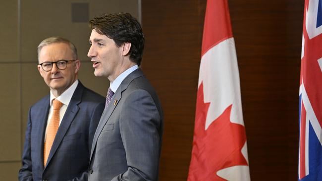 Australian Prime Minister Anthony Albanese and Canadian Prime Minister Justin Trudeau during a bilateral meeting ahead of the NATO Leaders Summit in Madrid, Spain, Thursday, June 30, 2022. Picture: Supplied