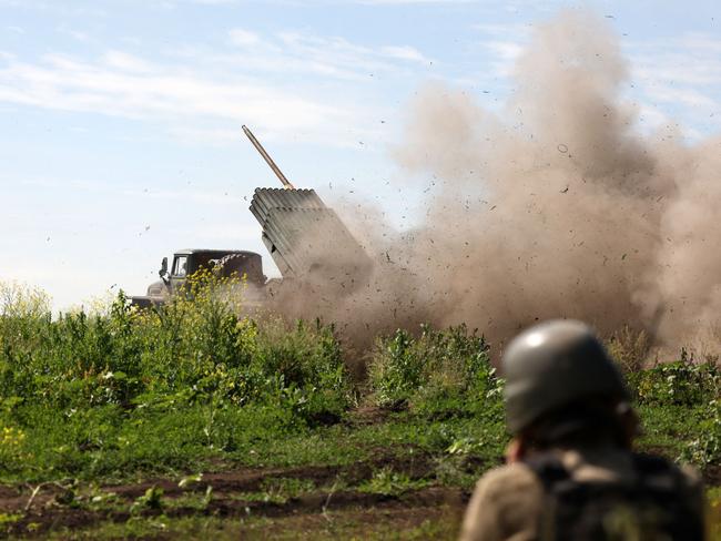 Ukrainian servicemen fire a multiple rocket launcher towards Russian positions near Bakhmut in the Donetsk region amid the Russian invasion of Ukraine. Picture: AFP