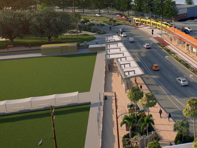 Updated artist impression of Gold Coast Light Rail Stage 3 between Broadbeach and Burleigh Heads. Picture: Supplied