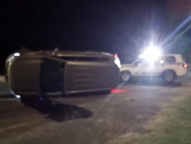 Police respond to an allegedly stolen car in Goondiwindi after teenagers rolled it overnight Tuesday. Picture: Supplied