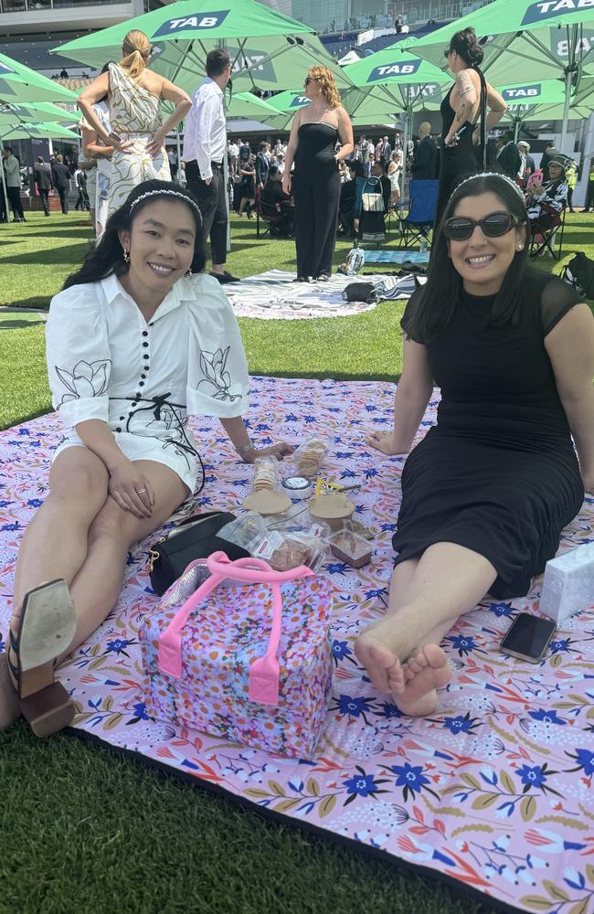 Aimee Ngodara and Sophia Ljesnicanin at Flemington for Derby Day on November 2, 2024. Picture: Phillippa Butt