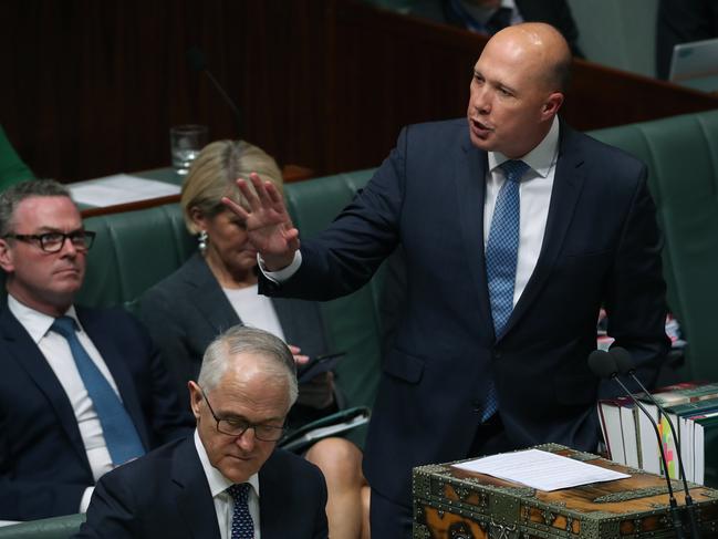 The Prime Minister Malcolm Turnbull with Peter Dutton during Question Time on Monday. Picture: Gary Ramage