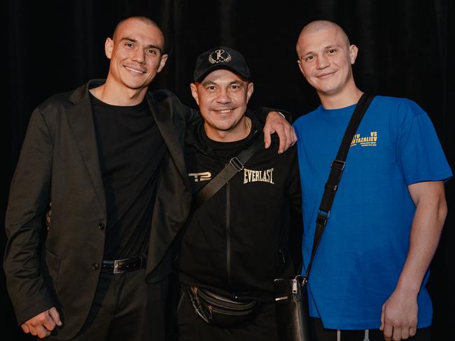 Tim, Kostya and Nikita Tszyu reunited in the United States. Picture: Johnny Garcia