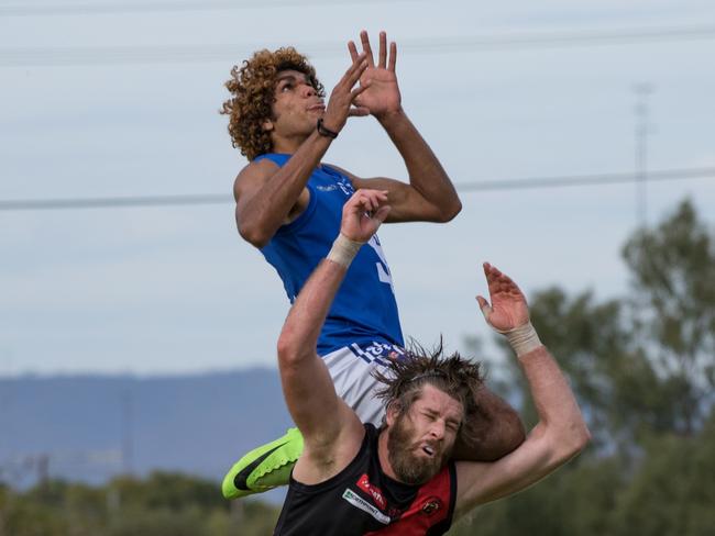 Jeremiah Scrutton takes a spectacular mark during the game between Solomontown and Central Augusta in the Spencer Gulf Football League. Picture: Ethan Nitz Photography (please ensure you credit photographer)