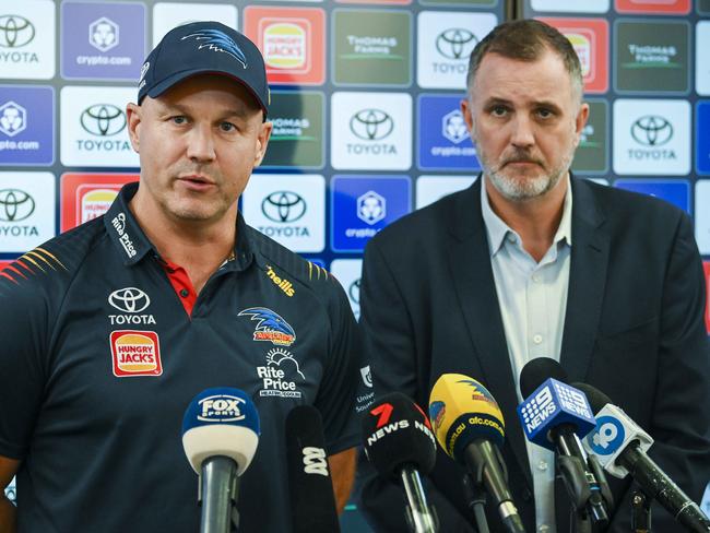 Crows coach Matthew Nicks and CEO Tim Silvers. Picture: Mark Brake