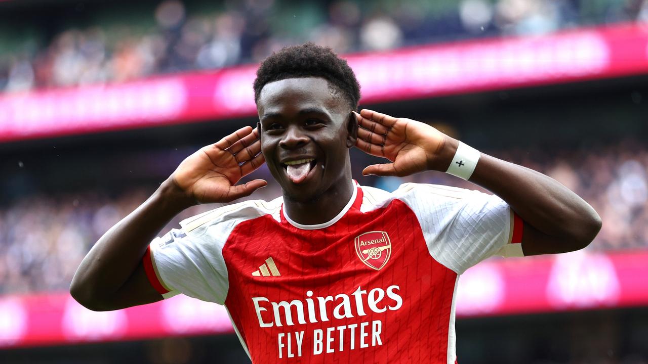 LONDON, ENGLAND - APRIL 28: Bukayo Saka of Arsenal celebrates scoring his team's second goal during the Premier League match between Tottenham Hotspur and Arsenal FC at Tottenham Hotspur Stadium on April 28, 2024 in London, England. (Photo by Clive Rose/Getty Images) *** BESTPIX ***