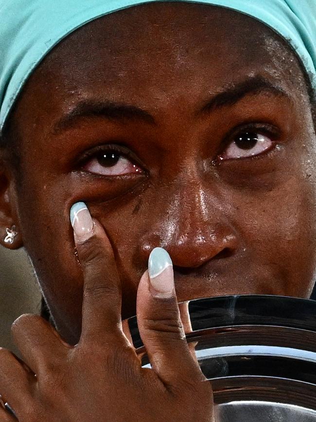 Coco Gauff during the trophy ceremony after losing against Iga Swiatek. Picture: AFP