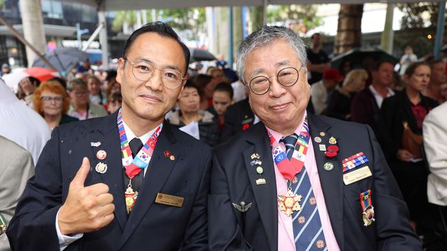 Jet Lee and Dennis Cho at the Surfers Paradise RSL Anzac Day noon service 2025 at Cavill Park for Gold Coast at Large. Picture, Portia Large.