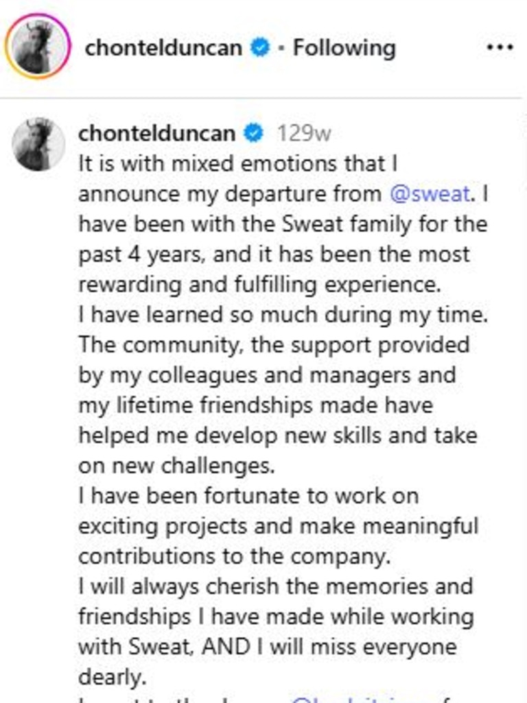 Contel Duncan’s farewell announcement. Picture: Instagram/ChontelDuncan