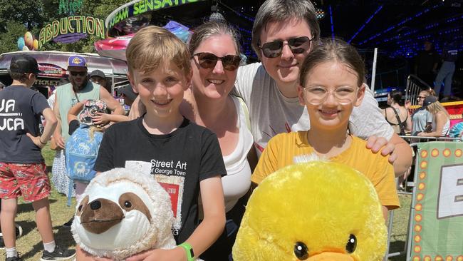 Kirra and Dion Maher with children Victor, 11, and Jospehine, 9, with their giant sloth and giant duck.