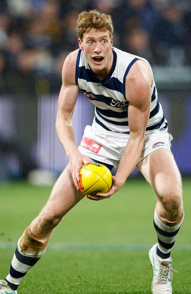 Geelong has big raps on young ruckman Toby Conway. Picture: Dylan Burns/AFL Photos via Getty Images.