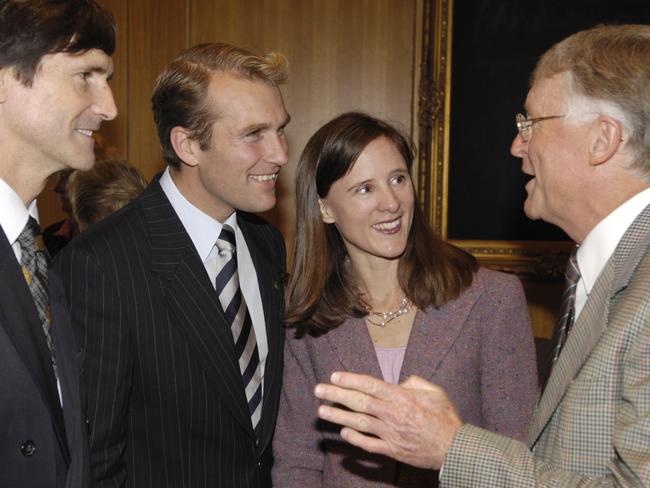 Former Pittwater MP Jim Longley, Rob and Sophie Stokes and Robert Dunn with Rob Stokes after his inaugural speech.