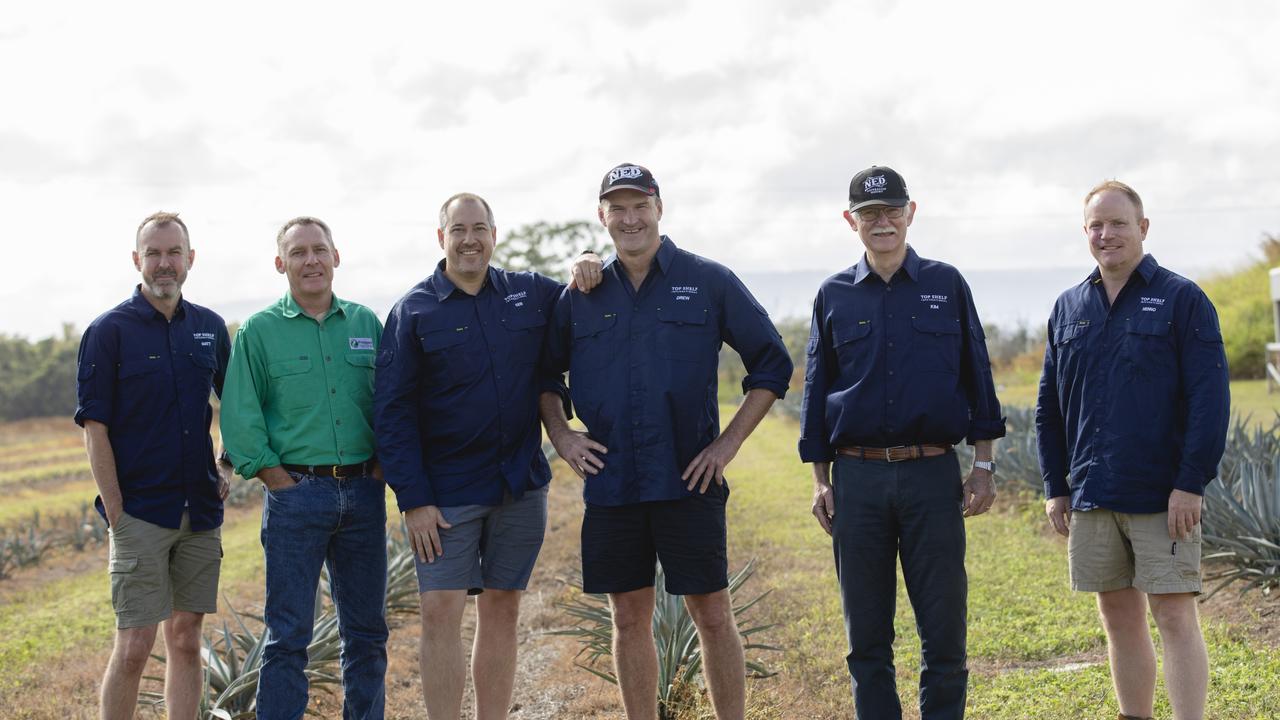 Top Shelf International communications executive Matthew Slade, Prospect Agriculture's Chris Monsour, master distiller Sebastian Reaburn, Top Shelf International co-founder and CEO Drew Fairchild, Kim Graves??, and Top Shelf International general manager commercial and agave Michael Hennessy at Eden Lassie, the former eggplant farm on which one million agave plants will be grown and distilled into agave spirit. Picture: Contributed