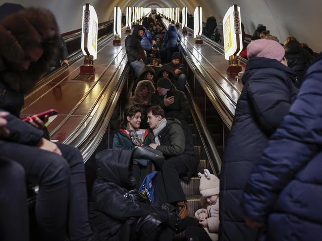 Ukrainians shelter in the Kyiv Metro as Russia launches another missile attack. Picture: Getty Images