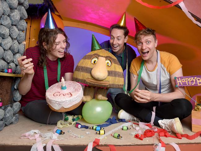 ADELAIDE, AUSTRALIA - SEPTEMBER 23, 2020: Windmill's show Grug will celebrate its 10th birthday with a season which opens in Adelaide on October 6, and also marks 400 performances worldwide. Grug is pictured on set with performers (L-R) Zoâ Dunwoodie, Matthew Crook and Tim Overton at AC Arts on Light Square. Picture: Naomi Jellicoe