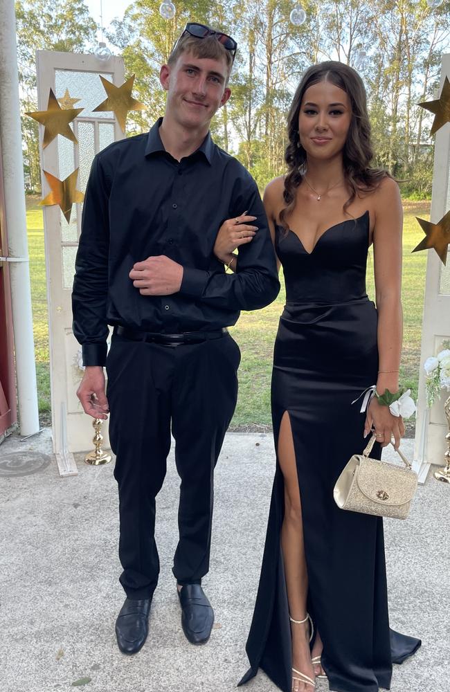 Indiana Wintle and Nathan Scheepers arrive at the 2024 Gympie State High School graduation formal.