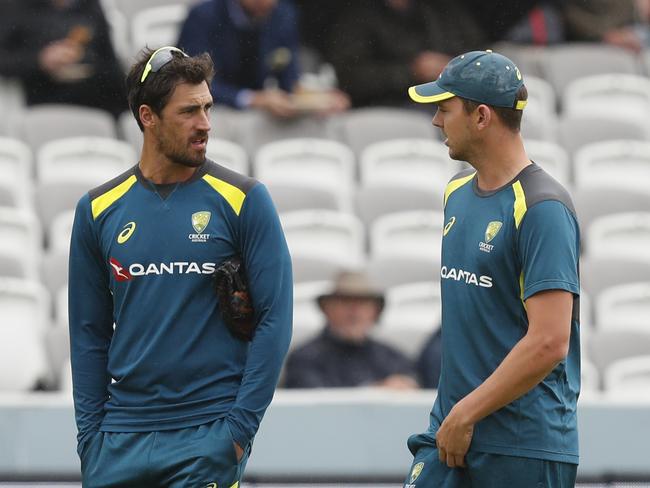 Mitchell Starc, left was overlooked in favour of Josh Hazlewood for the Lord’s Test. Picture: AP Photo/Alastair Grant